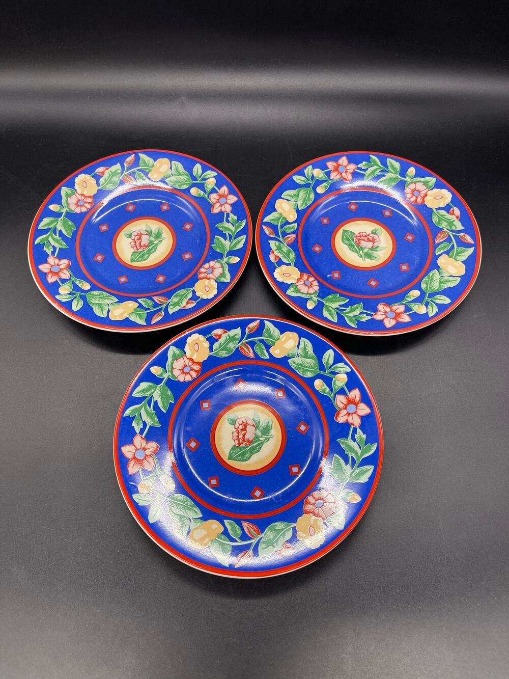 Sango Avignon 4855 Set of 3 Ceramic Saucers Blue Floral Border 6.5"